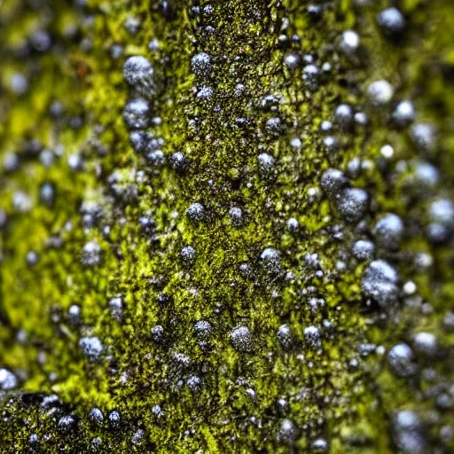 Image similar to rock wall covered with moss. dew droplets forming the shape of a dachshund. macro photography