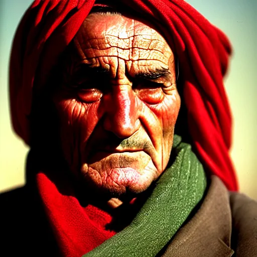 Image similar to portrait of president lyndon b johnson as afghan man, green eyes and red scarf looking intently, photograph by steve mccurry