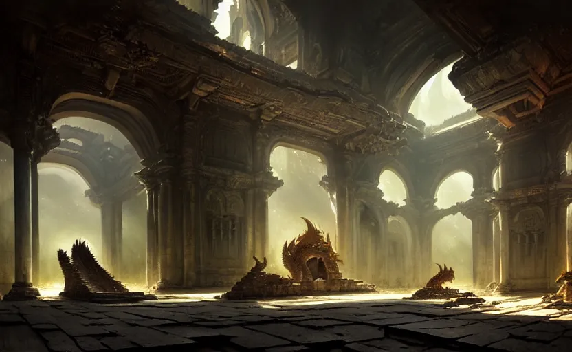 Prompt: The interior of an mytical and ancient temple dragons, in ruins, intricate, elegant, volumetric lighting, digital painting, highly detailed, artstation, sharp focus, illustration, concept art, ruan jia, steve mccurry