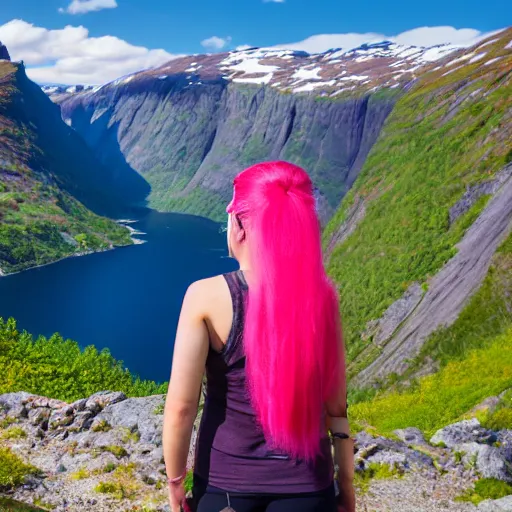 Image similar to a young woman with long pink hair, looking at camera, hiking clothes, tank top, backpack, norway, fjords in background, cinematic, beautiful, stunning, day time, epic, 8 k, 1 6 : 9