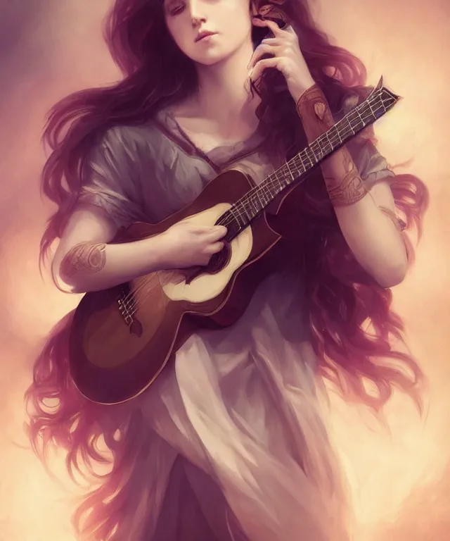 Prompt: bard playing guitar by charlie bowater and titian and artgerm, full body portrait, intricate, face, elegant, beautiful, highly detailed, dramatic lighting, sharp focus, trending on artstation, artstationhd, artstationhq, unreal engine, 4 k, 8 k