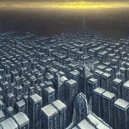 Prompt: the city under the ice, artwork by Ted Nasmith and H R Giger, trending on art station