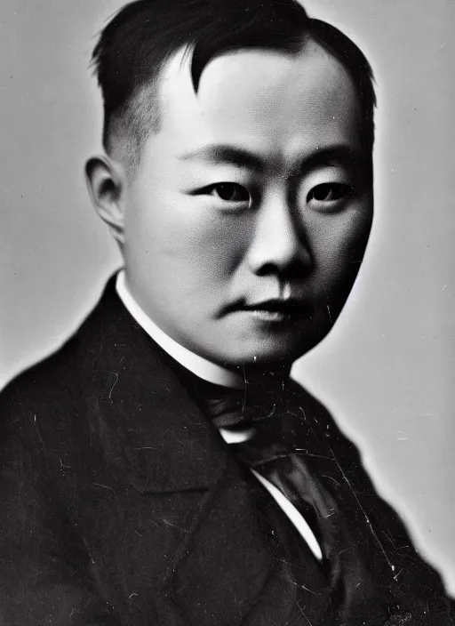 Image similar to a clear black and white photograph of Wu Ningkun, wearing a black suit, front portrait, face brightly lit and highlighted, high contrast, daguerreotype, by Nadar