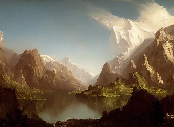 Image similar to painting of a brutalist structure in front of beautiful mountains by thomas cole