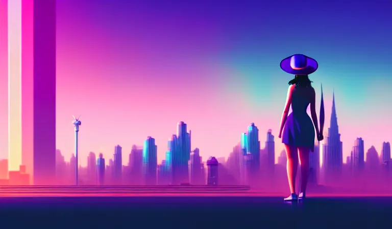 Image similar to a beautiful and immaculate futuristic city. the silhouette of a young woman with a hat standing above a building. vaporwave ombre rendering. outrun style. trending on artstation. recommended for you behance. by chris moore. by edward hopper. beeple colors. metropolis filmic. gotham city.