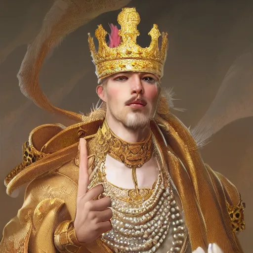 Image similar to a realistic transmasculine king with decorated clothes made of white pearls and white plumes of swan, highly detailed, digital painting, Trending on artstation , HD quality, by artgerm and greg rutkowski and alphonse mucha, dramatic light, octane