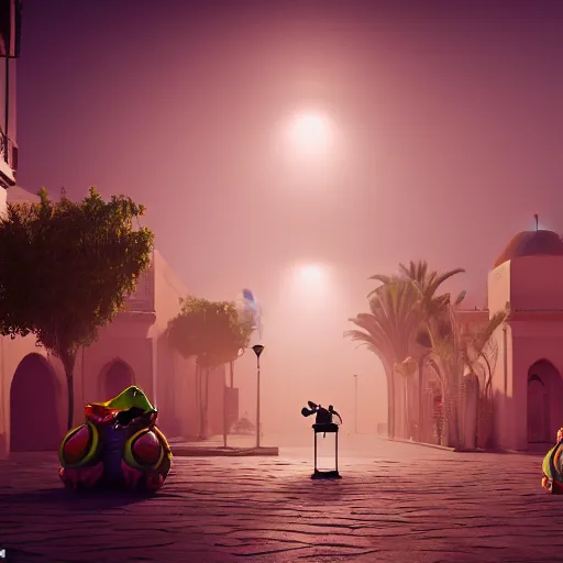 Image similar to frog travels through marrakech, volumetric light, detailed, establishing shot, an epic fantasy, cinematic, photorealistic, ultrarealistic, trending on art station, octane render