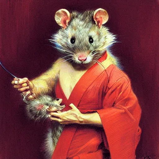 Image similar to a portrait of a furry rat splinter wearing a red kimono, hairy, furry body, furry arms, feet, tail. highly detailed painting by gaston bussiere, craig mullins, j. c. leyendecker, furry