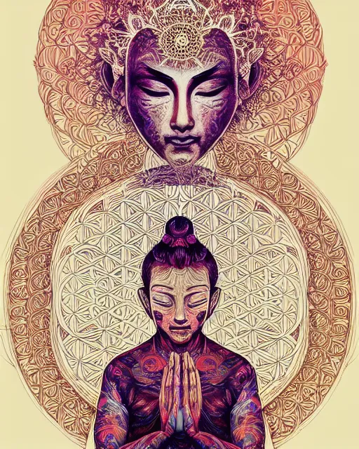 Image similar to flower of life contented peaceful open eyes smiling male bodhisattva, praying meditating, portrait, intricate, colorful, symmetrical, art by artgerm and wlop and james jean and carne griffiths, artstation 8 k uhd