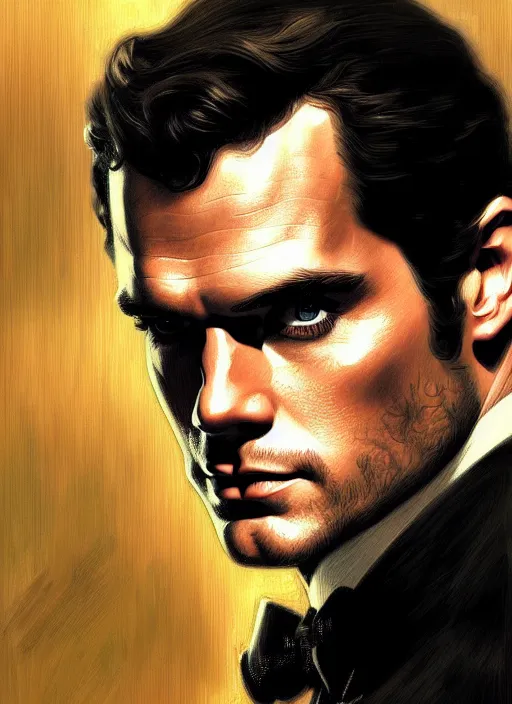 Prompt: portrait of henry cavill as james bond, casino, highly detailed, digital painting, artstation, concept art, cinematic lighting, sharp focus, illustration, by gaston bussiere alphonse mucha