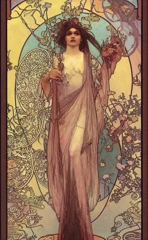 Prompt: the magician, tarot, beautiful border, by alfons maria mucha, highly detailded