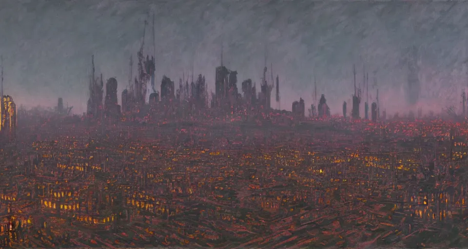 Image similar to Lisbon in 2287, cyberpunk, dark academia, by Simon Stålenhag and Claude Monet, oil on canvas