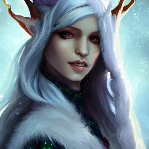 Image similar to a high fantasy portrait of a snow elf, winter eladrin, semi - realism, very beautiful, very attractive, high quality, digital art, trending on artstation