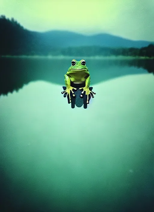 Image similar to “smiling frog vertically hovering over misty lake waters in jesus christ pose, low angle, long cinematic shot by Andrei Tarkovsky, paranormal, eerie, mystical”