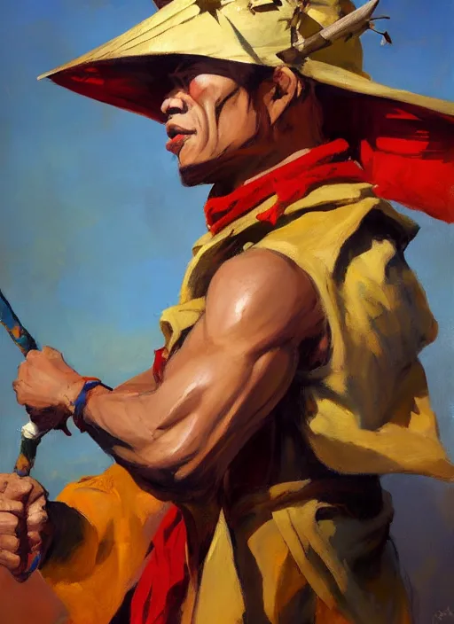 Image similar to greg manchess side portrait of a filipino fighter with a jester hat and a scepter, organic painting, sunny day, matte painting, bold shapes, hard edges, street art, trending on artstation, by huang guangjian, gil elvgren, ruan jia, randy vargas, greg rutkowski