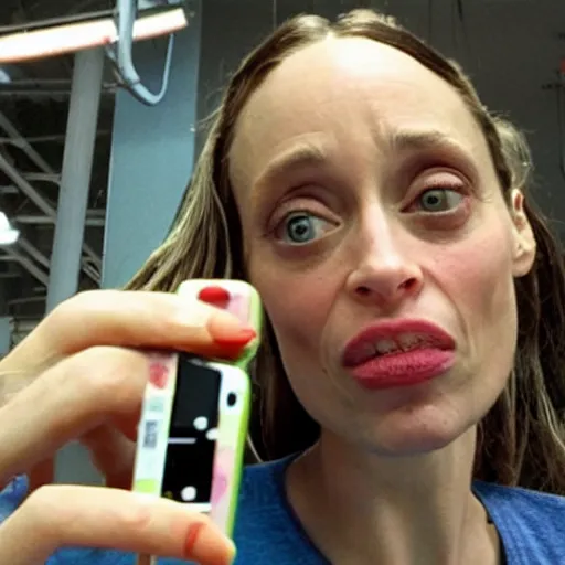 Image similar to fiona apple taking a selfie at the m & ms factory