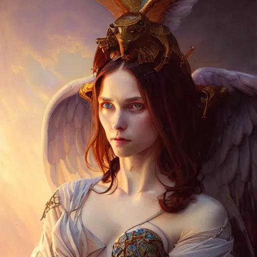 Image similar to Portrait of female fallen angel, D&D, blue eyes, face, fantasy, intricate, elegant, highly detailed, digital painting, artstation, concept art, smooth, sharp focus, illustration, art by artgerm and greg rutkowski and alphonse mucha