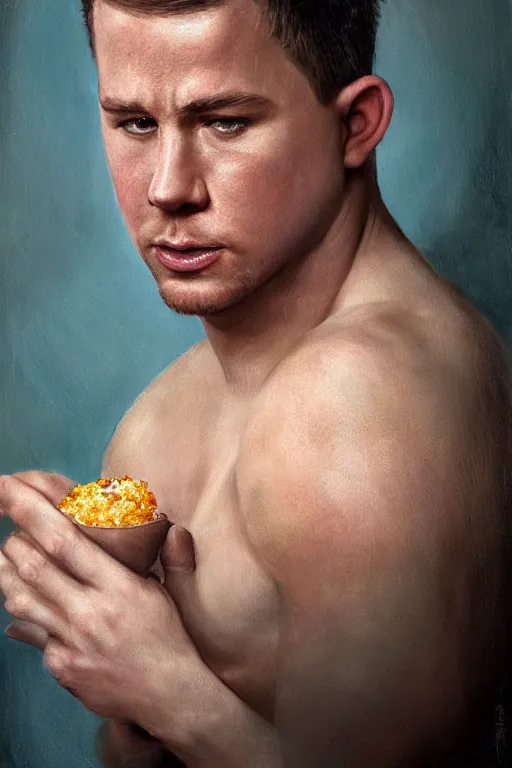 Prompt: a tater tot as channing tatum, oil on canvas, intricate, portrait, 8 k highly professionally detailed, hdr, cgsociety