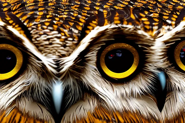 Prompt: the eye of an owl with golden feathers, hyperrealistic, many details, 3d render, octane, cinematic