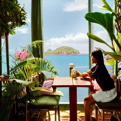 Image similar to a thin, pretty young Filipino woman sits near the window of a cute seaside Cafe with an espresso, golden morning light, cozy, tropical plants, still from Spirited Away