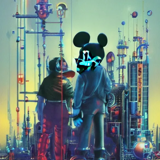 Image similar to a group of people standing around a mickey mouse, cyberpunk art by drew struzan, cgsociety, sots art, dystopian art, reimagined by industrial light and magic, concept art