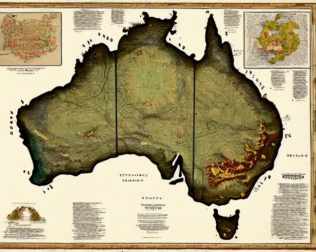 Image similar to recently rediscovered map of Australia, 16k scan, colorized, beautiful, intricate detail,