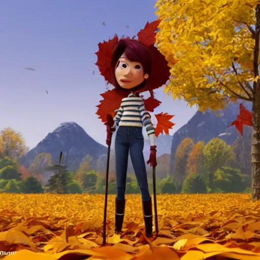 Image similar to a stopmotion animation character, a beautiful canadian woman, gardening, very attractive, spiky dark grey hair, striped sweater, tight denim jeans, maroon doc marten boots, canadian maple leaves blowing about, mountains, autumn, unreal engine 5, 8 k, kubo and the two strings, disney, pixar,