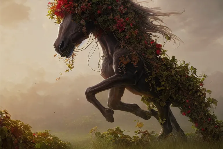 Prompt: a stunning horse with a mane of vines and flowers by greg rutkowski, high key lighting, volumetric light, digital art, highly detailed, fine detail, intricate, ornate, complex, octane render, unreal engine, photorealistic