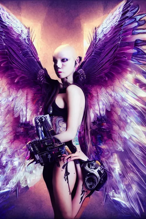 Prompt: angel punk girl hacker posing with a laptop, feathered angel wings, tattoos ; rebellion and fragility, stunning digital art, cyberpunk, realistic, science fiction, highly detailed, dramatic colorful lighting