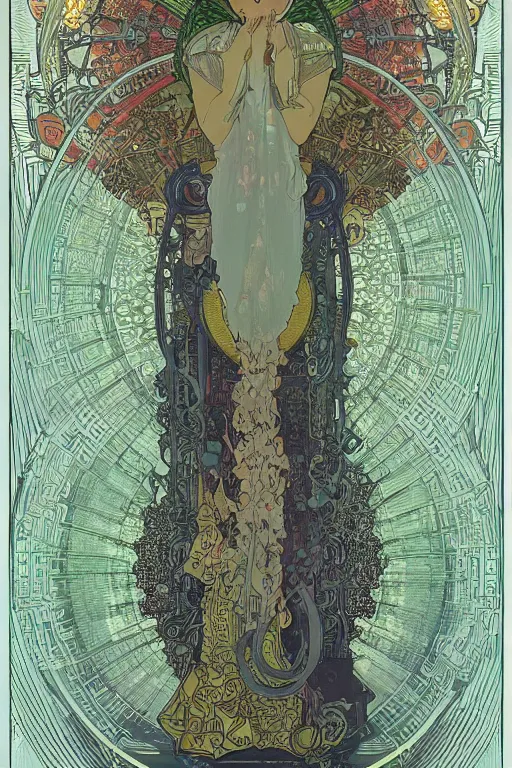 Prompt: technological deity by greg rutowski , victo ngai , alphonse mucha