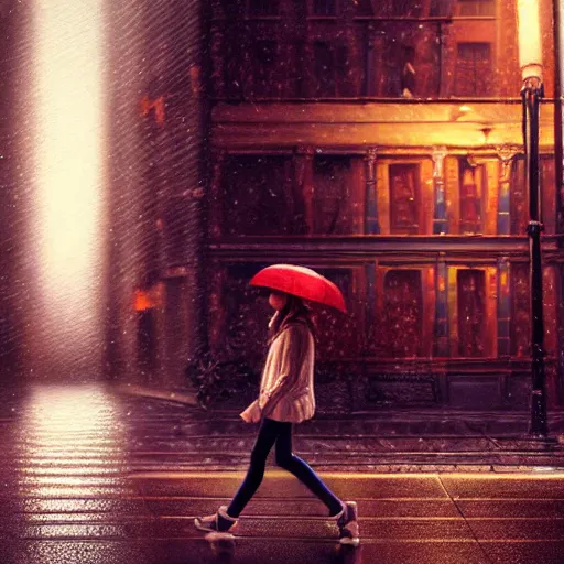 Image similar to detailed intricate digital illustration by greg rutkowski and artgerm and wlop and sanford robinson gifford and annie leibovitz ; girl standing in windy rainy city street, long exposure light streaks from car lights ; 1 3 mm film, cinestill 8 0 0 t, arri alfa anamorphic lens ; sharp focus ; trending on artstation 8 k close view