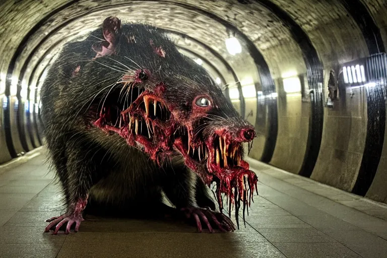 Prompt: very large giant mutant zombie irradiated ( angry rat ) staying on railways in tonnel of moscow subway. tonnel, railways, giant angry rat, furr, fangs, very realistic. extreme long shot, flash photography, anish kapoor, herman nitsch, giger.