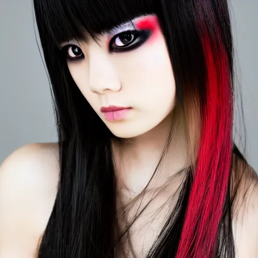Prompt: professional upper body photograph of female japanese model in emo makeup, long hair, fringe. pretty and detailed eyes