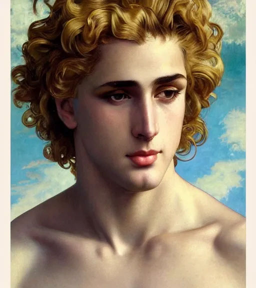 Image similar to clean cel shaded art of the androgynous clean shaven greek God Apollo, long fluffy curly blond hair, light platinum long blond hair, Alexandre Cabanel, norman rockwell, peter paul rubens, maler collier, frank frazetta, alphonse mucha, gustav klimt 4k, unreal 5, DAZ, french noveau, trending on artstation, octane render, hyperrealistic