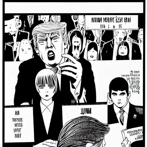 Prompt: trump, by junji ito, black and white comic, terrorist