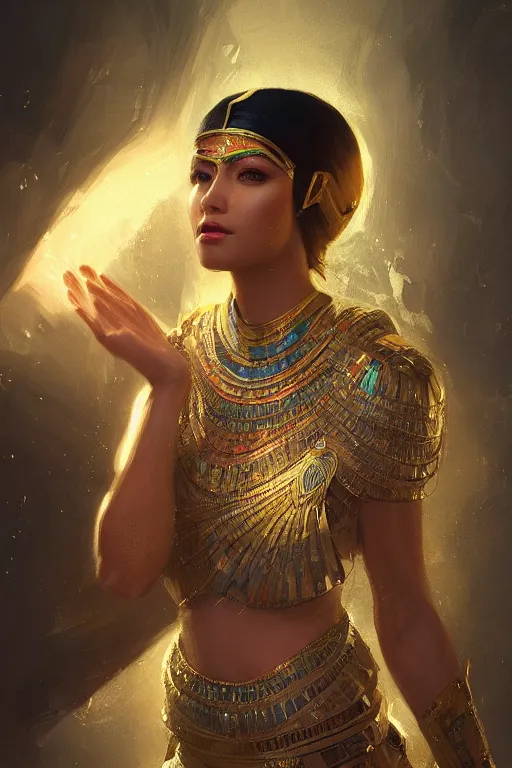 Image similar to egyptian princess, gorgeous, portrait, powerfull, intricate, elegant, volumetric lighting, digital painting, highly detailed, artstation, sharp focus, illustration, ruan jia