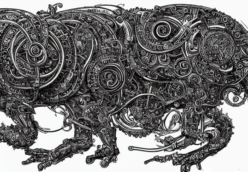 Image similar to 1 / 4 schematic blueprint of highly detailed ornate filigreed convoluted ornamented elaborate cybernetic rat, full body, character design, inside frame, middle of the page, art by da vinci