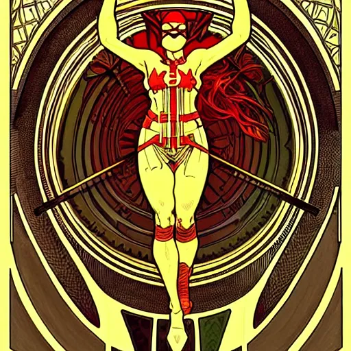 Prompt: daredevil costume designs, intricate, elegant, highly detailed, gold linework digital painting, smooth, sharp focus, illustration, art by alphonse mucha