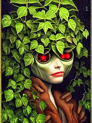 Image similar to The Hanging-Gardens of Pareidolia, ivy, verbena and pothos growing facial features and optical-illusions!!!!!, aesthetic!!!!!!!!, by Gerald Brom in the style of Johfra Bosschart in the style of,