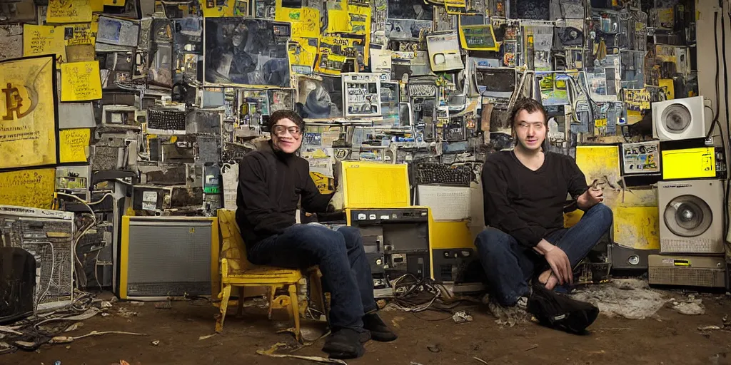 Image similar to typical cryptocurrency nerd, sitting in front of old 9 0's computer, yellow bitcoin posters on walls, shilling, crt tubes, cables everywhere, damp basement decay fat and dirty, scruffy looking, claustrophobia, humidity mold, award - winning photomanipulation