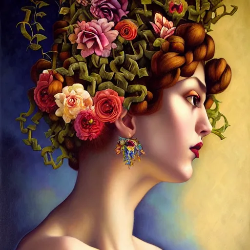 Image similar to dynamic composition, a painting of woman with hair of ( summer flowers )!! and vines wearing ornate earrings, ornate gilded details, a surrealist painting by tom bagshaw and jacek yerga and tamara de lempicka and jesse king, featured on cgsociety, pop surrealism, surrealist, dramatic lighting, wiccan, pre - raphaelite