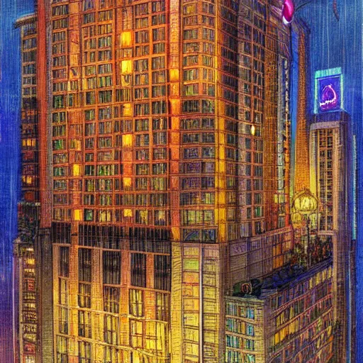 Prompt: a beautiful artwork of a hotel at night, top view, neon and rainy theme atmosphere by Jerome Opeña, featured on artstation