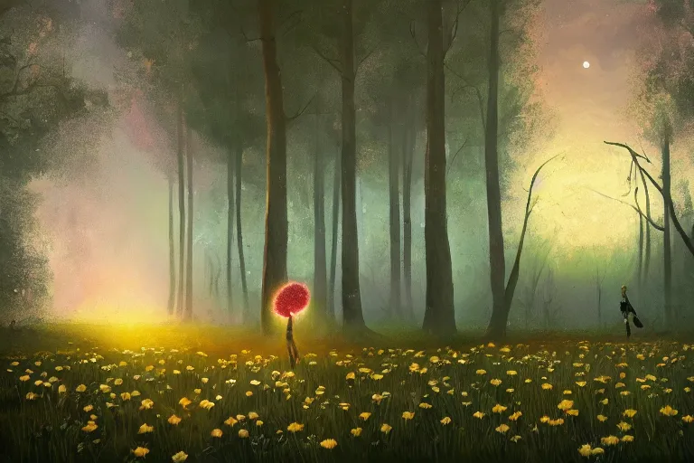 Prompt: giant daisy flower as a head, girl walking in forest, surreal photography, dark night, stars, moon light, impressionist painting, clouds, digital painting, artstation, simon stalenhag