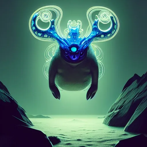 Image similar to ( psychic pokemon ) creature creature in a alaska, bioluminescent bioluminescent translucent translucent : : by michal karcz, daniel merriam, victo ngai and guillermo del toro : : ornate, dynamic, particulate, intricate, elegant, highly detailed, centered, artstation, smooth, sharp focus, octane render, 3 d