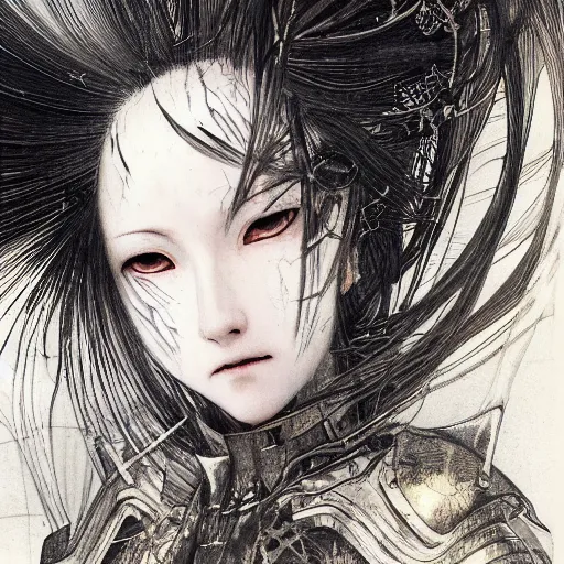 Image similar to Yoshitaka Amano realistic illustration of an anime girl with black eyes, wavy white hair fluttering in the wind and cracks on her face wearing Elden ring armour with engraving, abstract black and white patterns on the background, noisy film grain effect, highly detailed, Renaissance oil painting, weird portrait angle, blurred lost edges, three quarter view