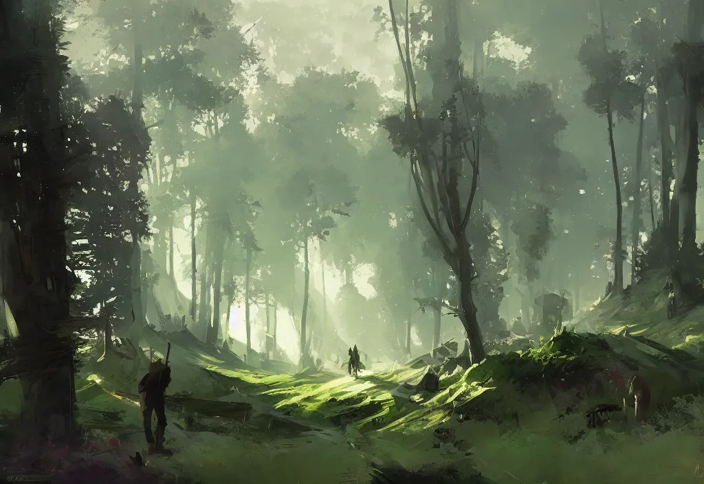 Prompt: ismail inceoglu painting of a forest landscape in the middle ages, painting, trending on artstation, by greg manchess and by craig mullins and by kilian eng and by jake parker