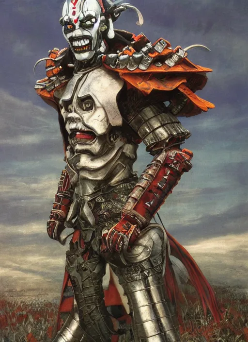 Image similar to portrait of a diabolical cyborg clown samurai, torn cape, adaptive armor, dynamic pose, heavy eyes to the side, ancient ruins, glowing veins subsurface scattering, in clouds, sunset, portrait, by gerald brom, by mikhail vrubel, by peter elson, muted colors, extreme detail, reflections, trending on artstation, 8 k