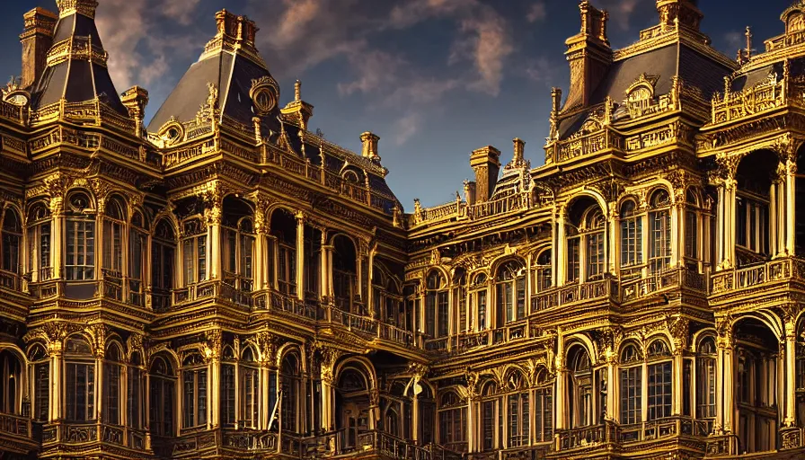 Image similar to portrait of a grand victorian palace, exterior, architecture, victorian, detailed, deep focus, dramatic lighting, ray tracing, photograph