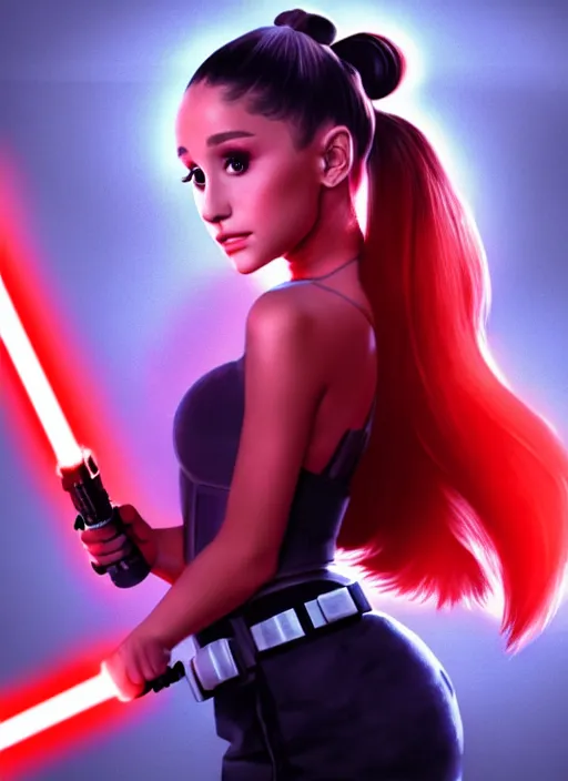 Image similar to Photo of Ariana Grande with a red lightsaber, Star Wars concept art, trending on artstation, dramatic lighting, photo-realistic