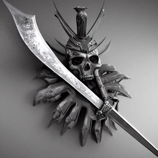 Image similar to a giant skull sword, ornament, on a gray background, a 3 d render by dom qwek, trending on polycount, futurism, hard surface modeling, rendered in maya, artstation hd